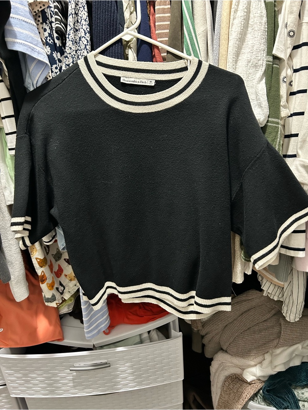 Abercrombie & Fitch Black Short-Sleeve Knit Sweater with Cream Stripes
